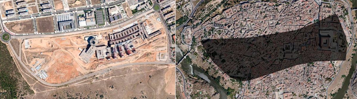 Comparativa de la parcela del Hospital de Toledo con la huella del casco histórico de la ciudad